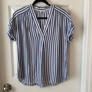 Blue & White V- Neck Shortsleeve Blouse